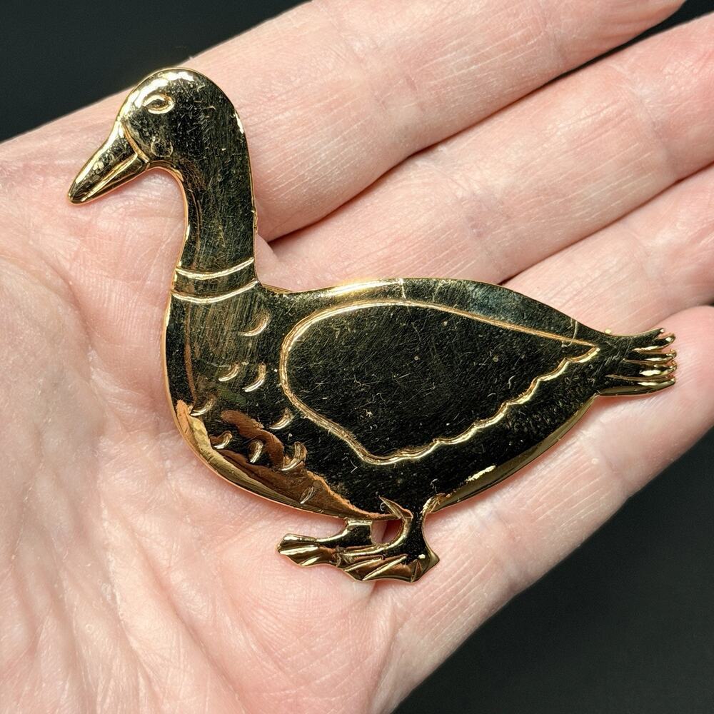 Large Vintage Golden Goose Brass Brooch Cottagecore Gold Metal 3" 1990s